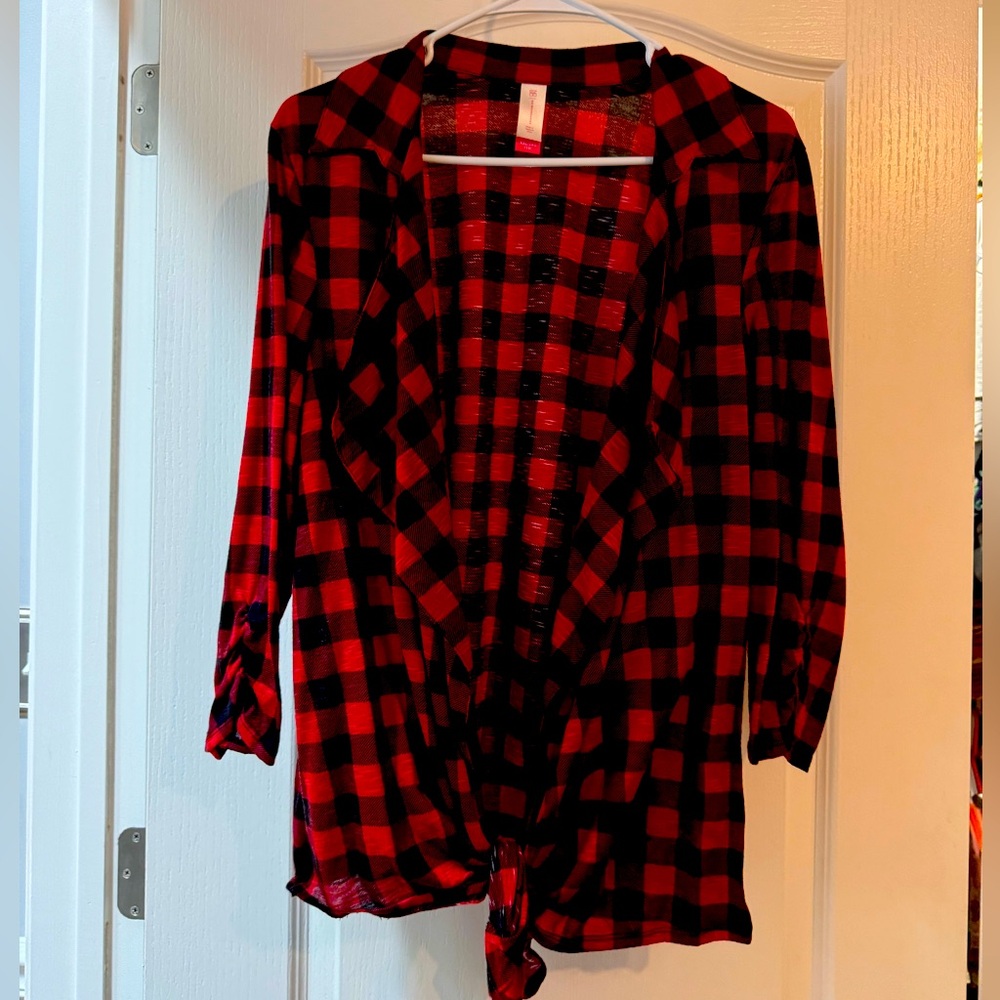 Red Plaid Waterfall Tie Front Shirt Plus Sz XXL Cardigan